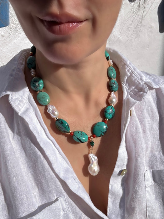 Chunky Natural Turquoise, Coral And Pearls Necklace