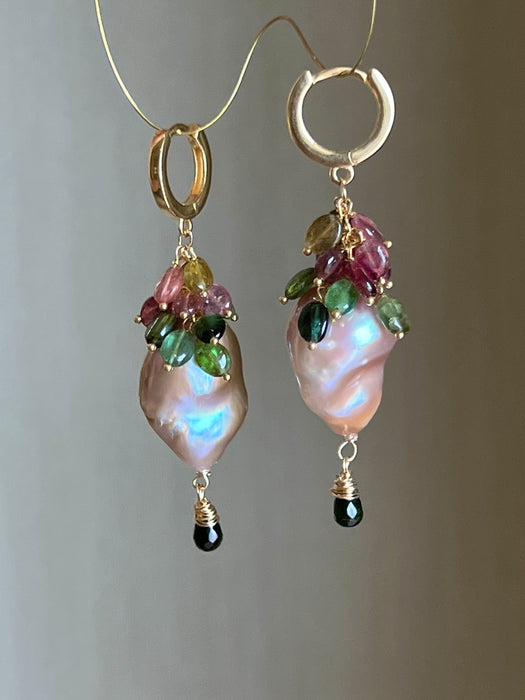 Purple Baroque Pearl and Tourmaline Drop Earrings