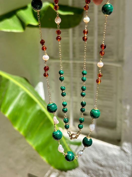 Long Malachite And Pearl Chain