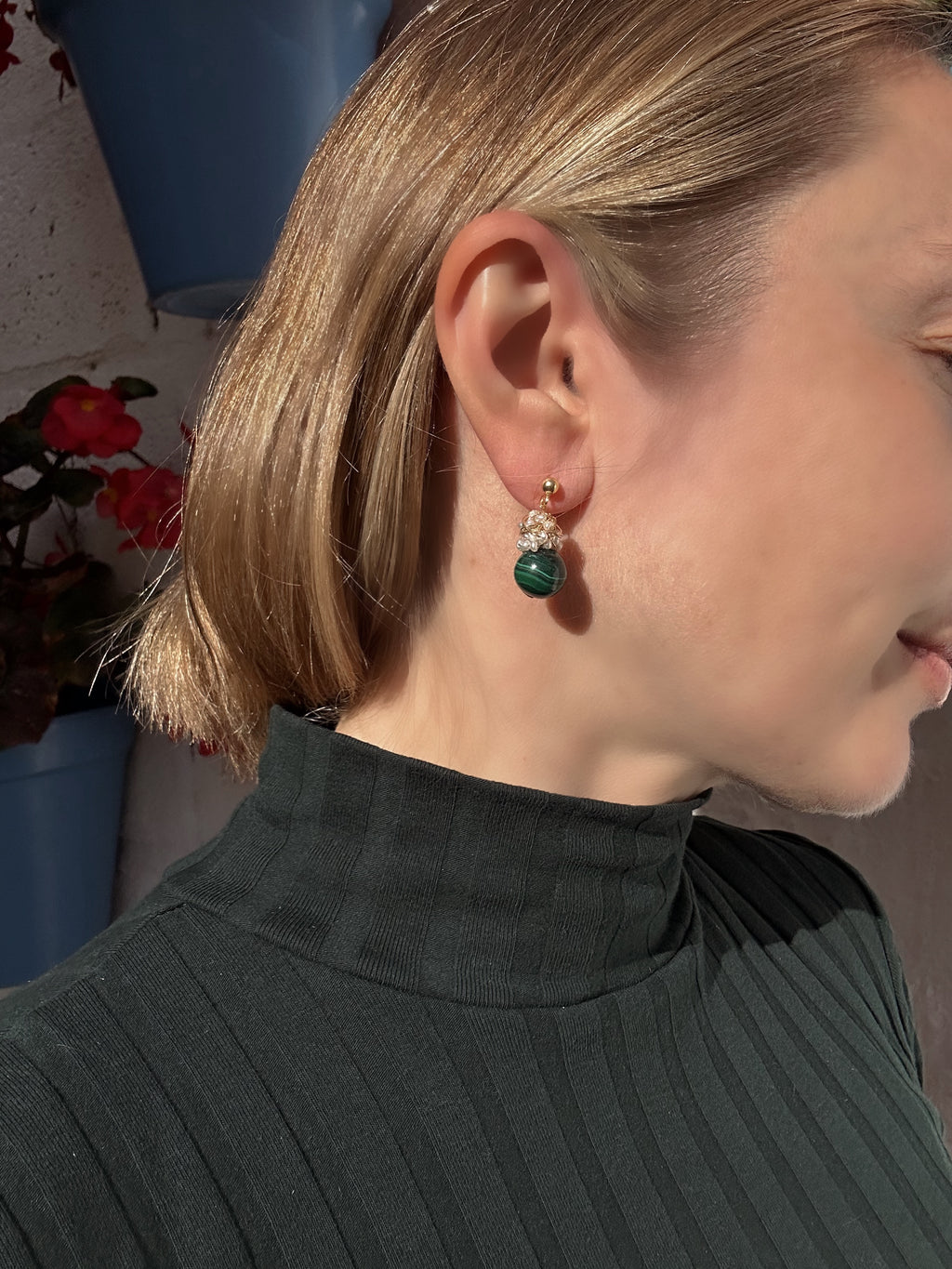 Malachite And Pearl Cluster Earrings