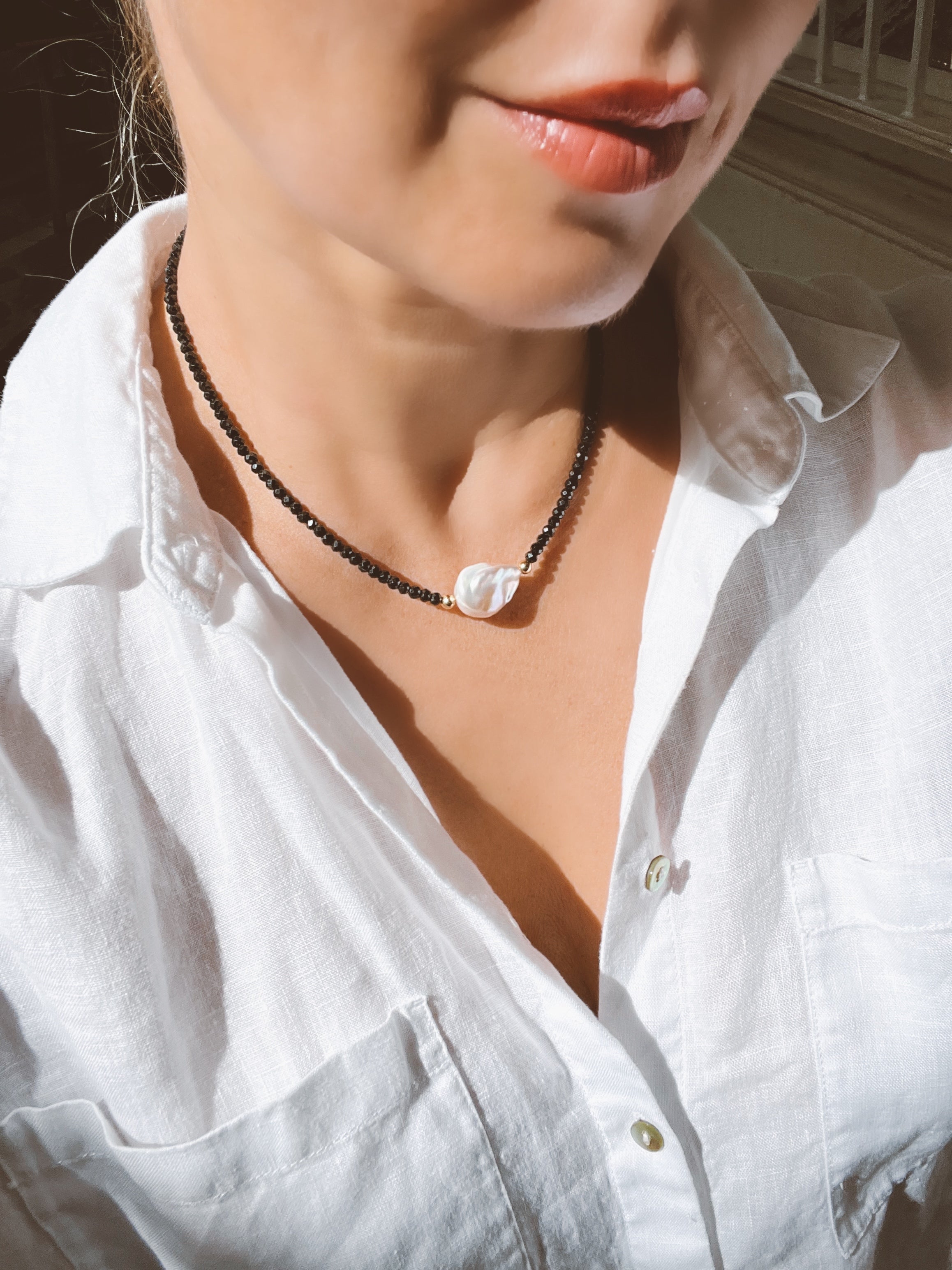 Black Spinel and Baroque Pearl Necklace