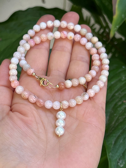Pink Opal Beaded Necklace With Pearl Pendant