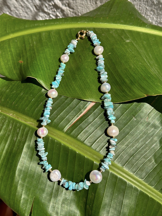 Larimar chips and Baroque pearls necklace