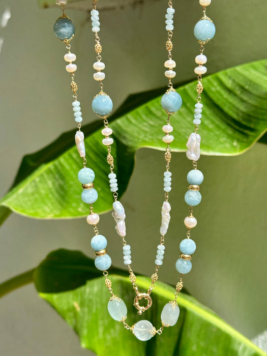 Long Aquamarine And Pearl Chain