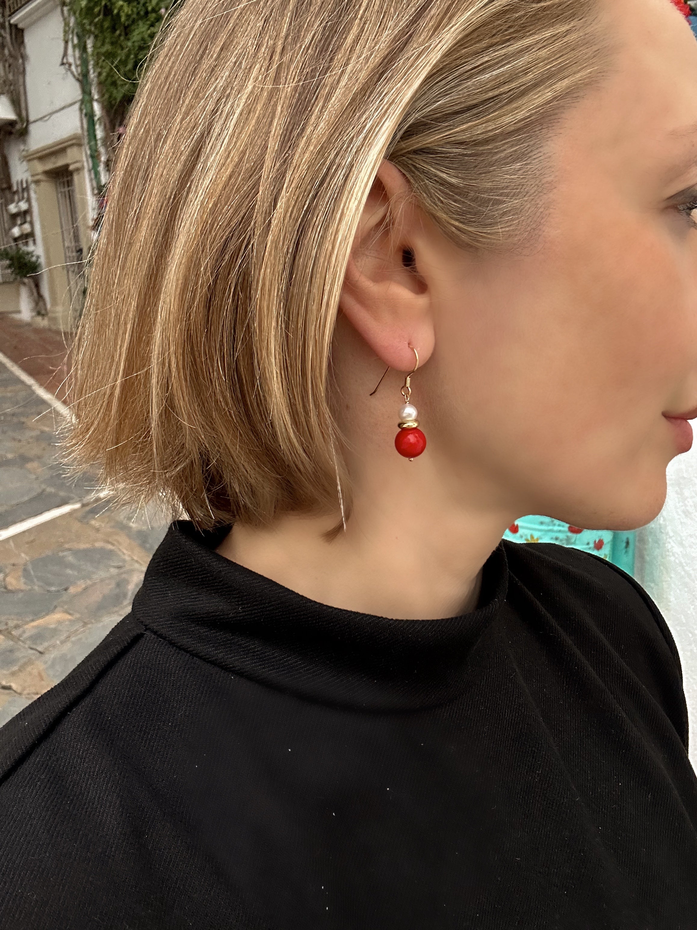 Red Coral And Pearl Drop Earrings