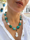 Chunky Natural Turquoise, Coral And Pearls Necklace