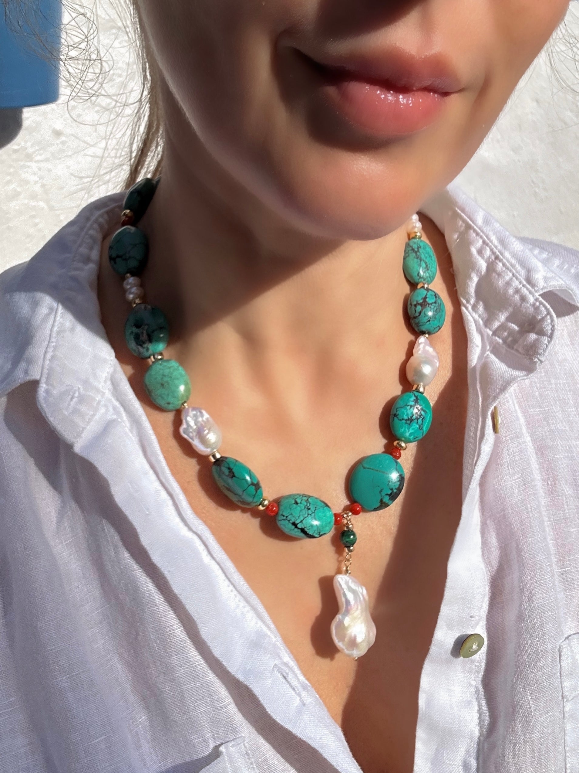Chunky Natural Turquoise, Coral And Pearls Necklace