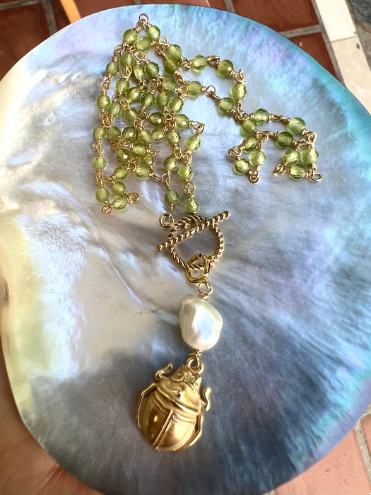 Peridot Rosary Chain With Keshi Pearl And Scarab Pendant