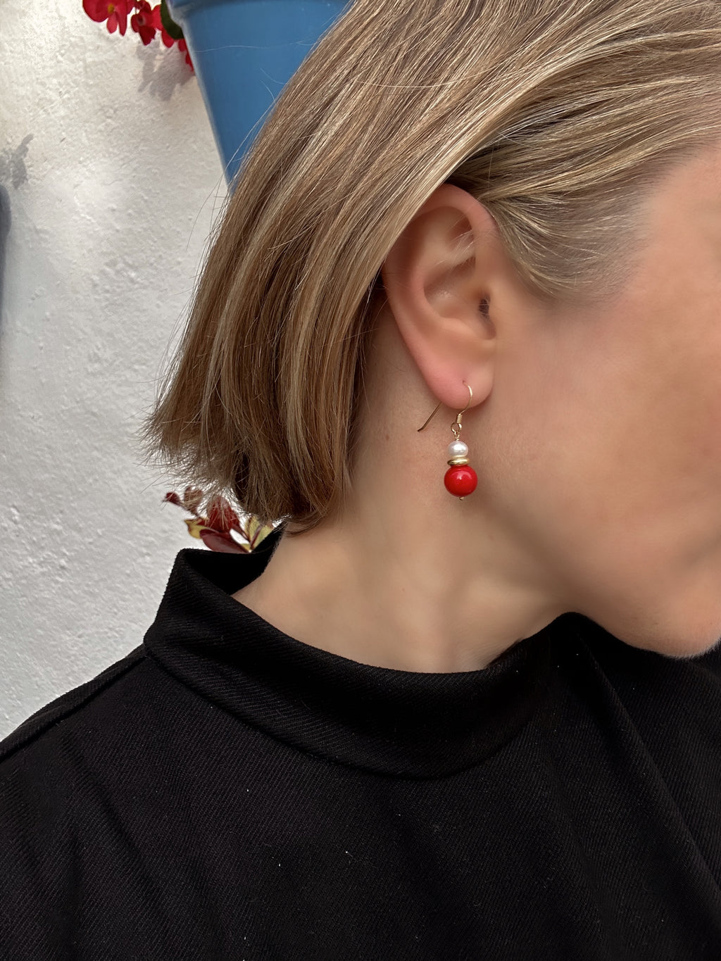 Red Coral And Pearl Drop Earrings