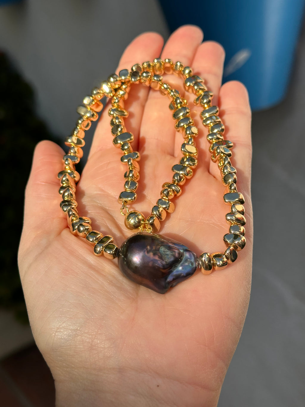Hematite And Black Baroque Pearl Necklace