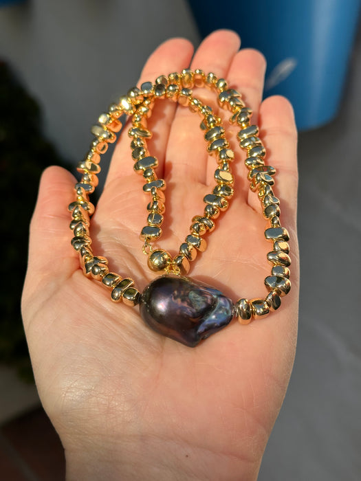 Hematite And Black Baroque Pearl Necklace