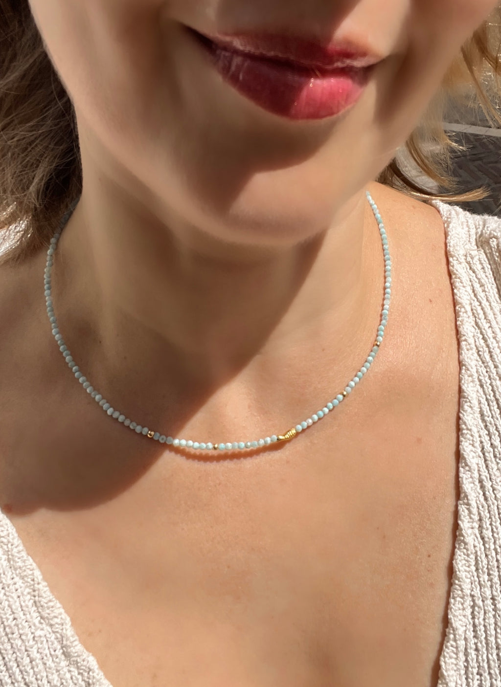 Larimar Beaded Necklace in Solid Gold
