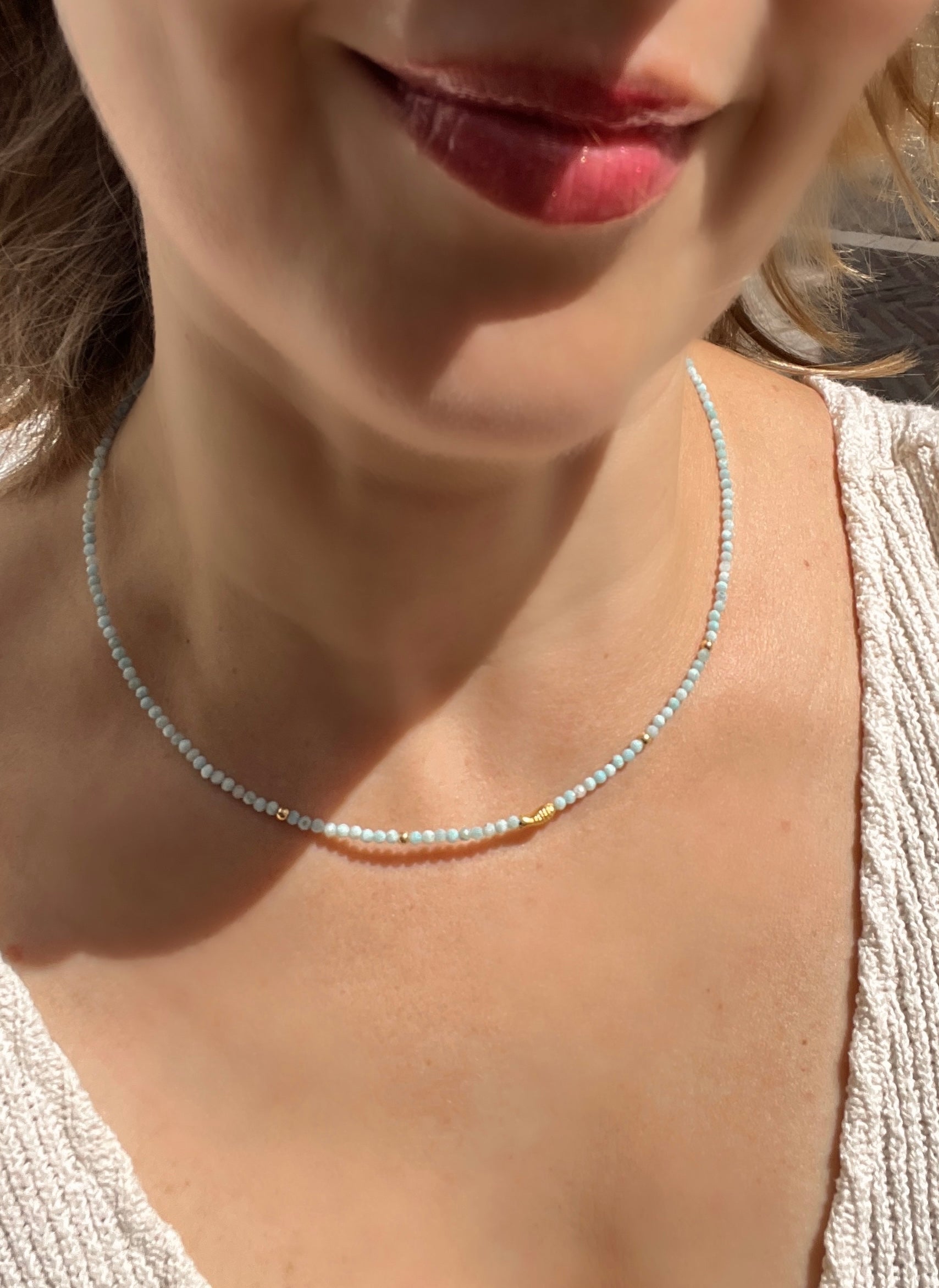 Larimar Beaded Necklace in Solid Gold