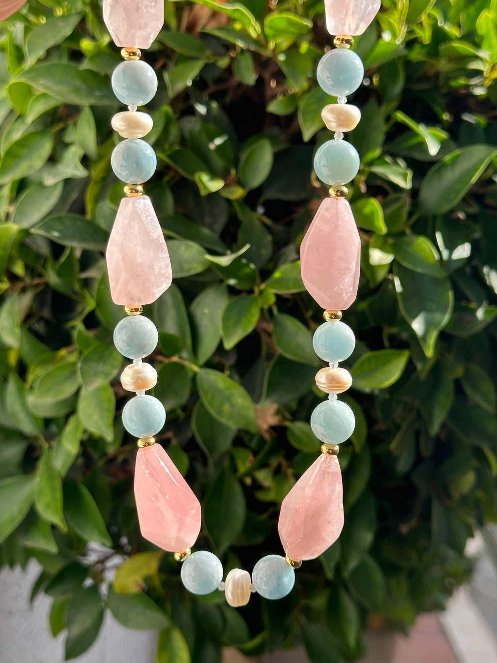 Chunky Rose Quartz, Aquamarine and Pearl Statement Necklace