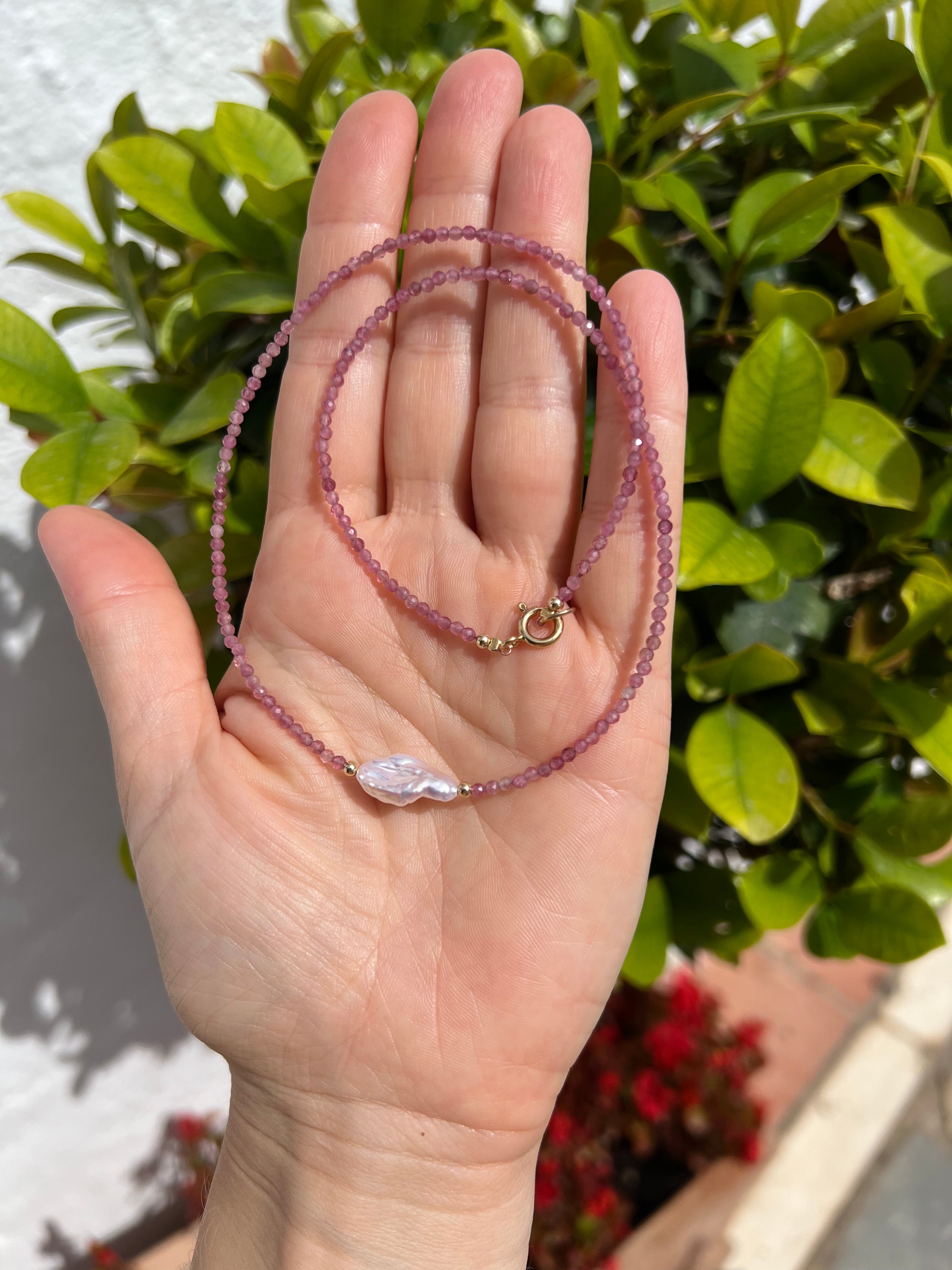 Pink Tourmaline and Keshi Pearl Necklace, October Birthstone Necklace