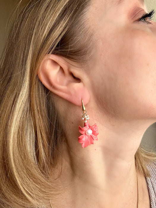 Carved shell flower and pearl earrings