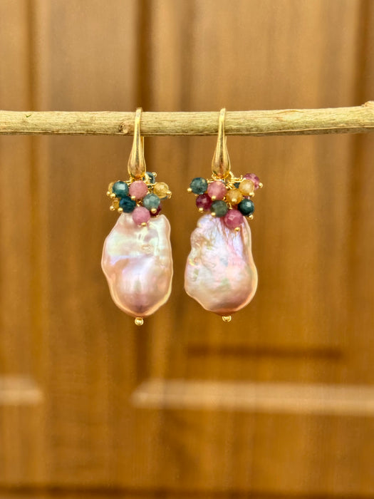 Purple Baroque Pearl Drop Earrings With Tourmalines