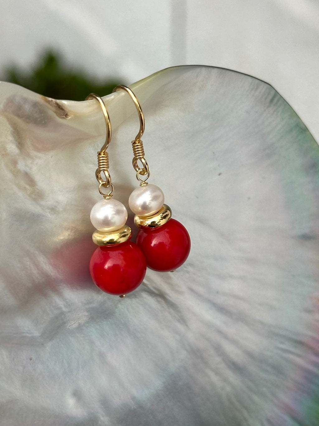 Red Coral And Pearl Drop Earrings