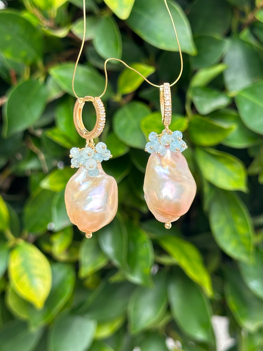 Pink Baroque Pearl And Aquamarine Earrings