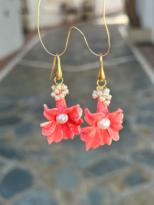 Carved shell flower and pearl earrings