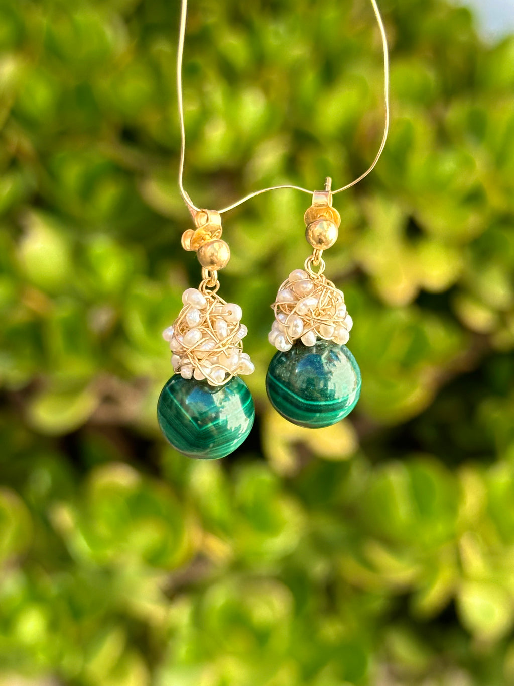 Malachite And Pearl Cluster Earrings