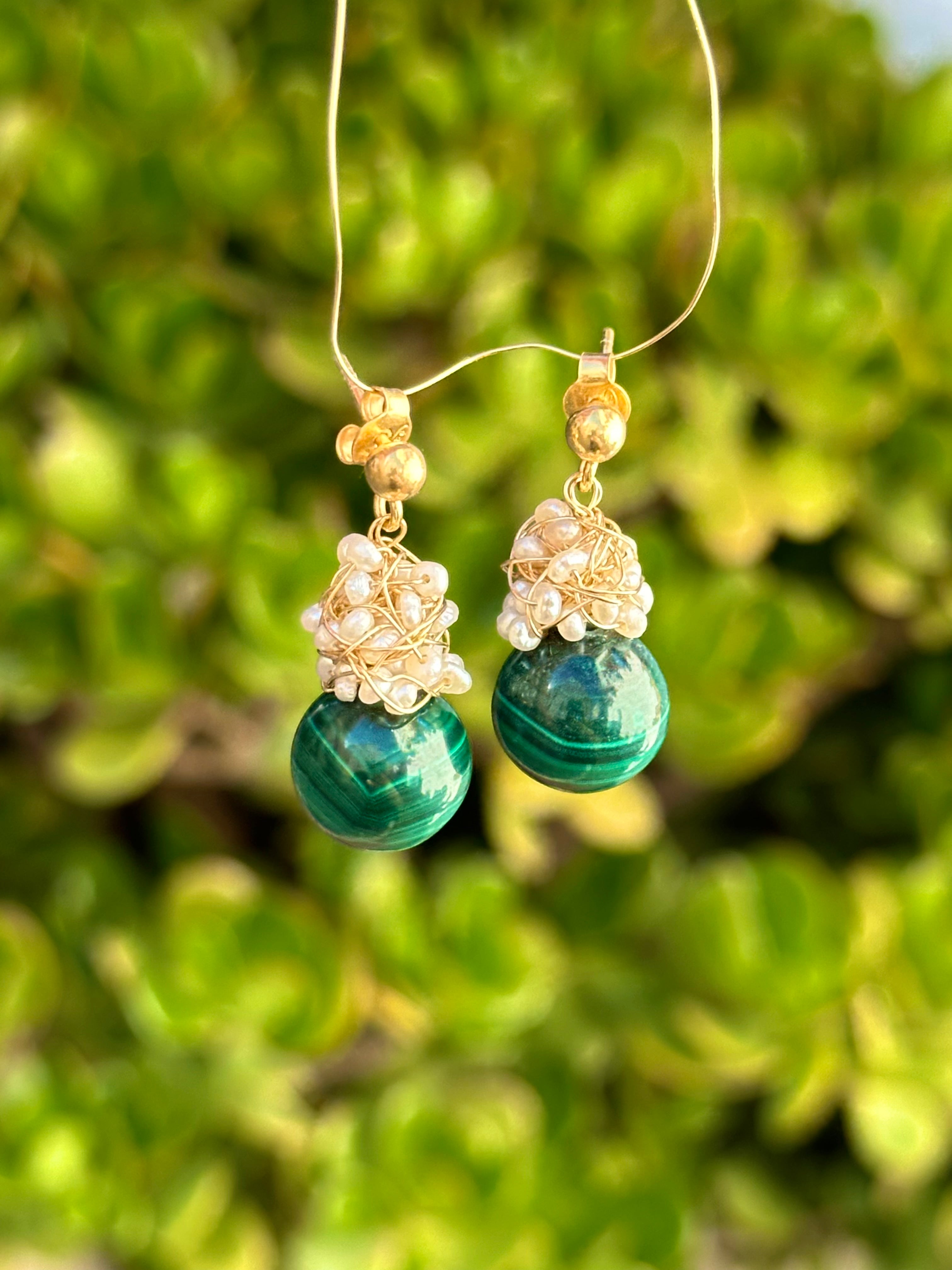 Malachite And Pearl Cluster Earrings