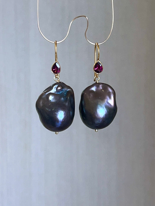 Black Baroque Pearl and Rhodolite Garnet Earrings