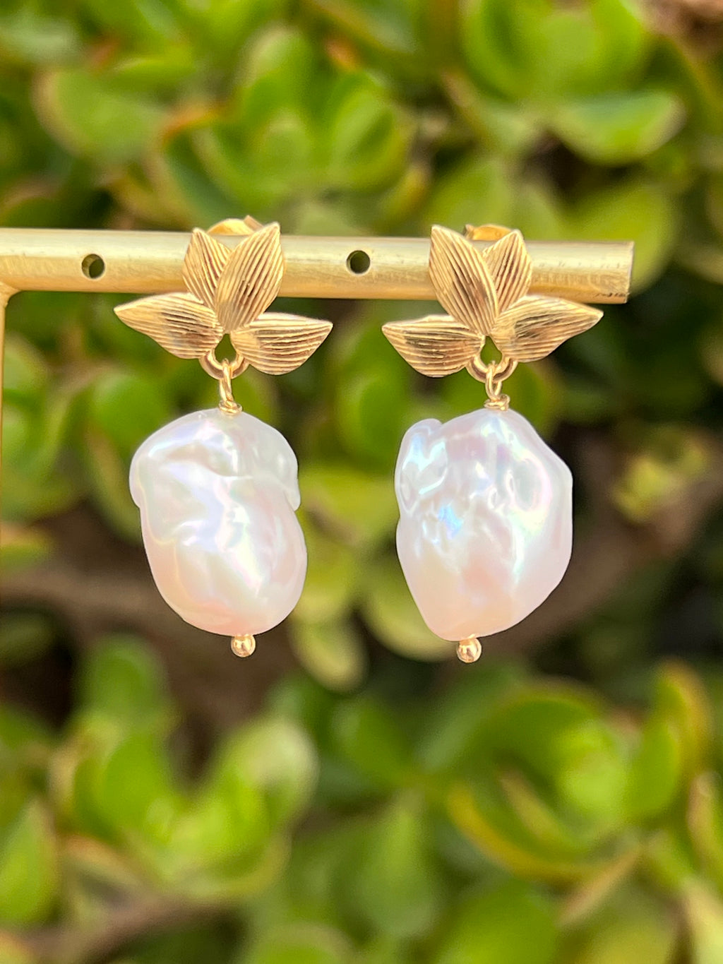 Baroque Pearl Drop Earrings On Golden Leaves Studs