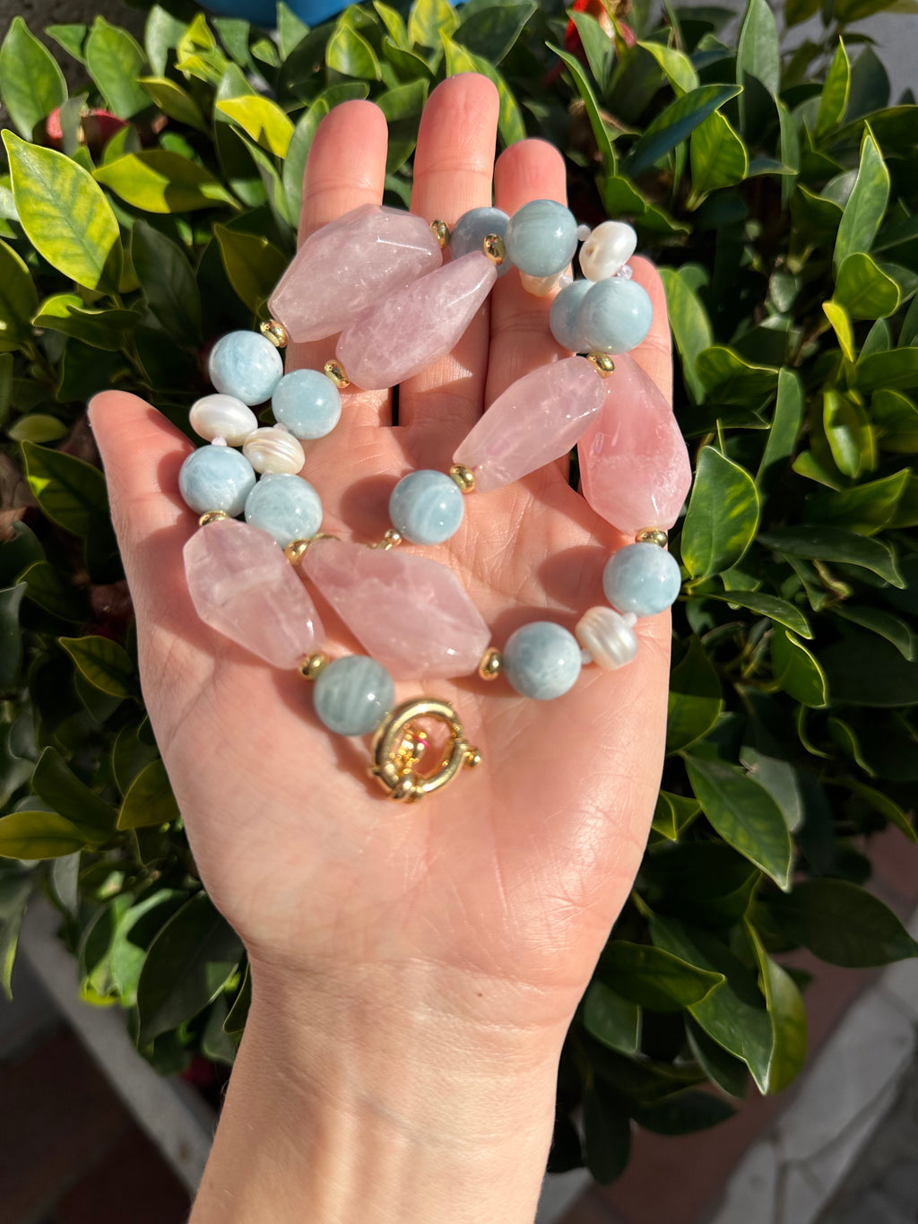 Chunky Rose Quartz, Aquamarine and Pearl Statement Necklace