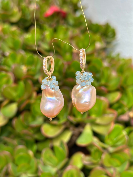 Pink Baroque Pearl And Aquamarine Earrings