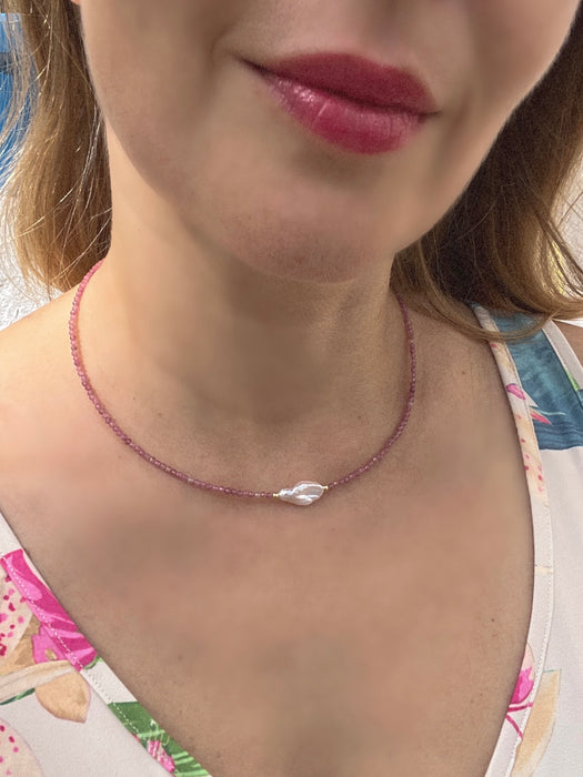 Pink Tourmaline and Keshi Pearl Necklace, October Birthstone Necklace