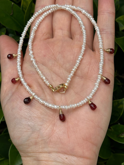 Garnet and pearl dainty necklace