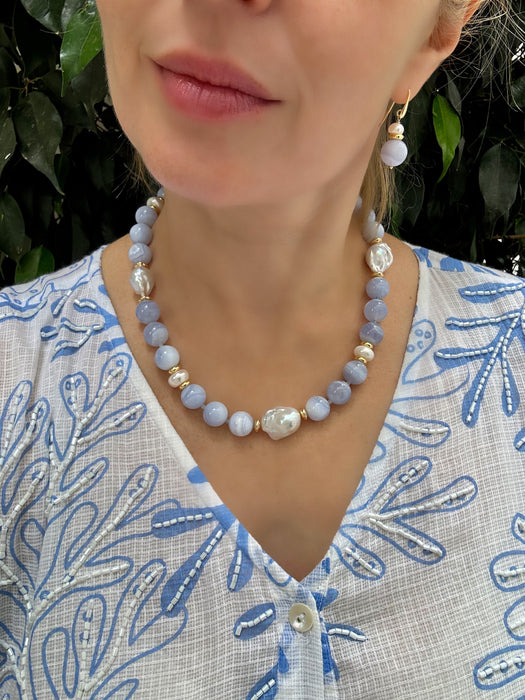 Chunky Lace Agate And Pearl Statement Necklace, Set with Earrings