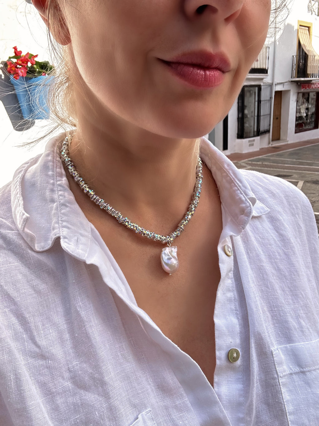 New Year Eve’s Sparkling Necklace with Baroque Pearl