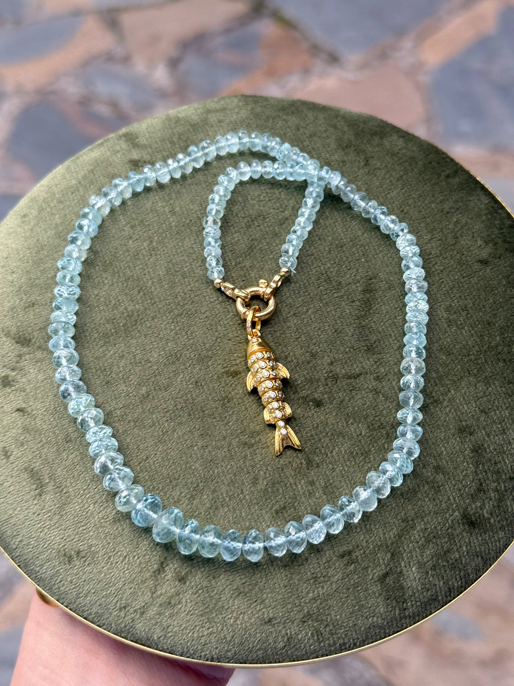 Aquamarine Beaded Necklace with Gold-Plated Silver Fish Charm