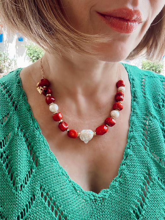 Red Coral And Pearl Statement Necklace