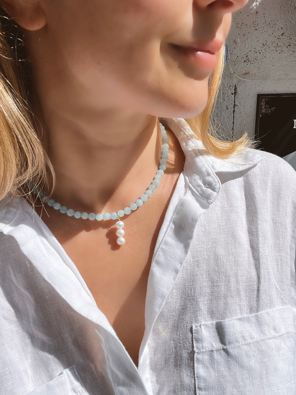 Aquamarine Beaded Choker With Pearl Pendant
