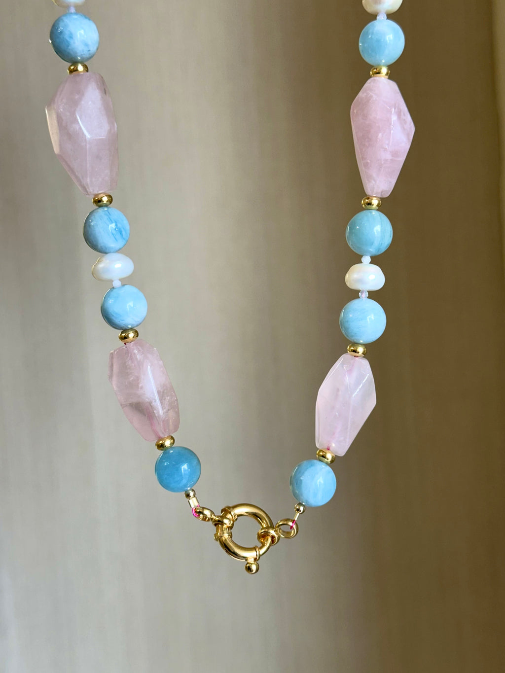 Chunky Rose Quartz, Aquamarine and Pearl Statement Necklace