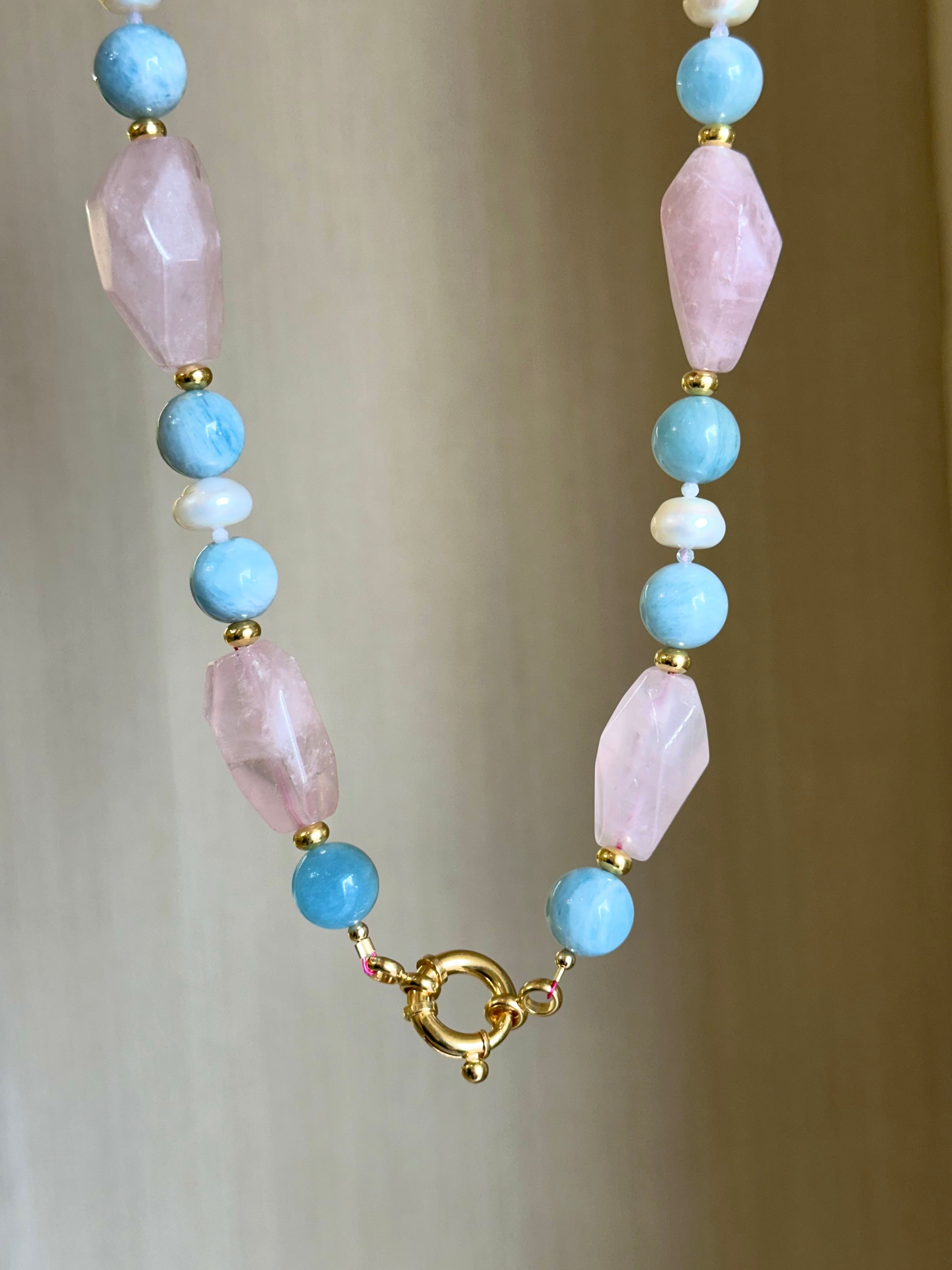 Chunky Rose Quartz, Aquamarine and Pearl Statement Necklace