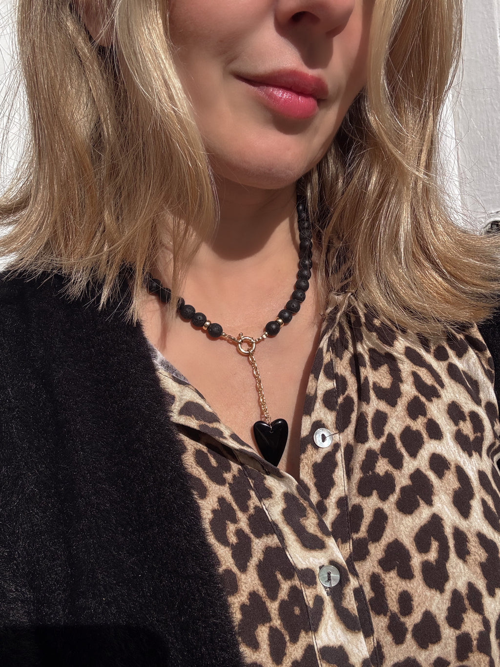 Lava Stone Heart Necklace with Black Onyx Pendant — Gold Vermeil