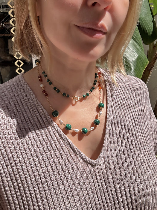 Long Malachite And Pearl Chain