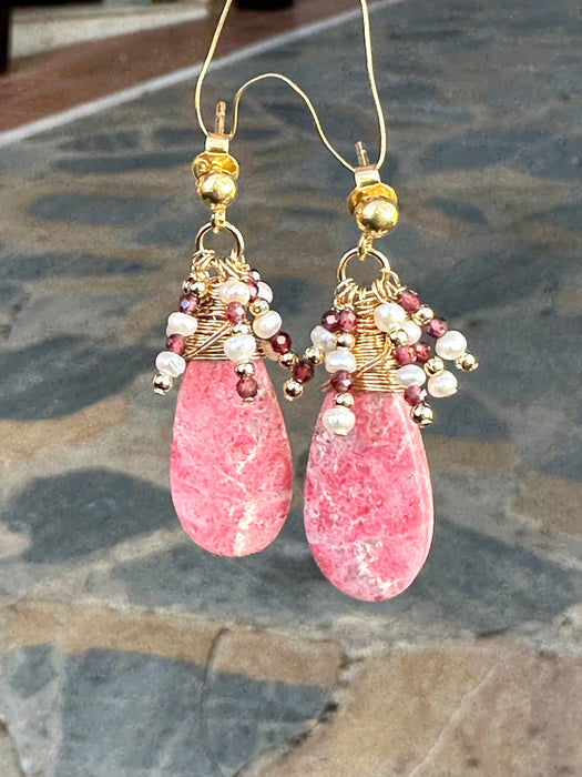 Rhodocrosite Drop Earrings with Garnet and Pearls Cluster