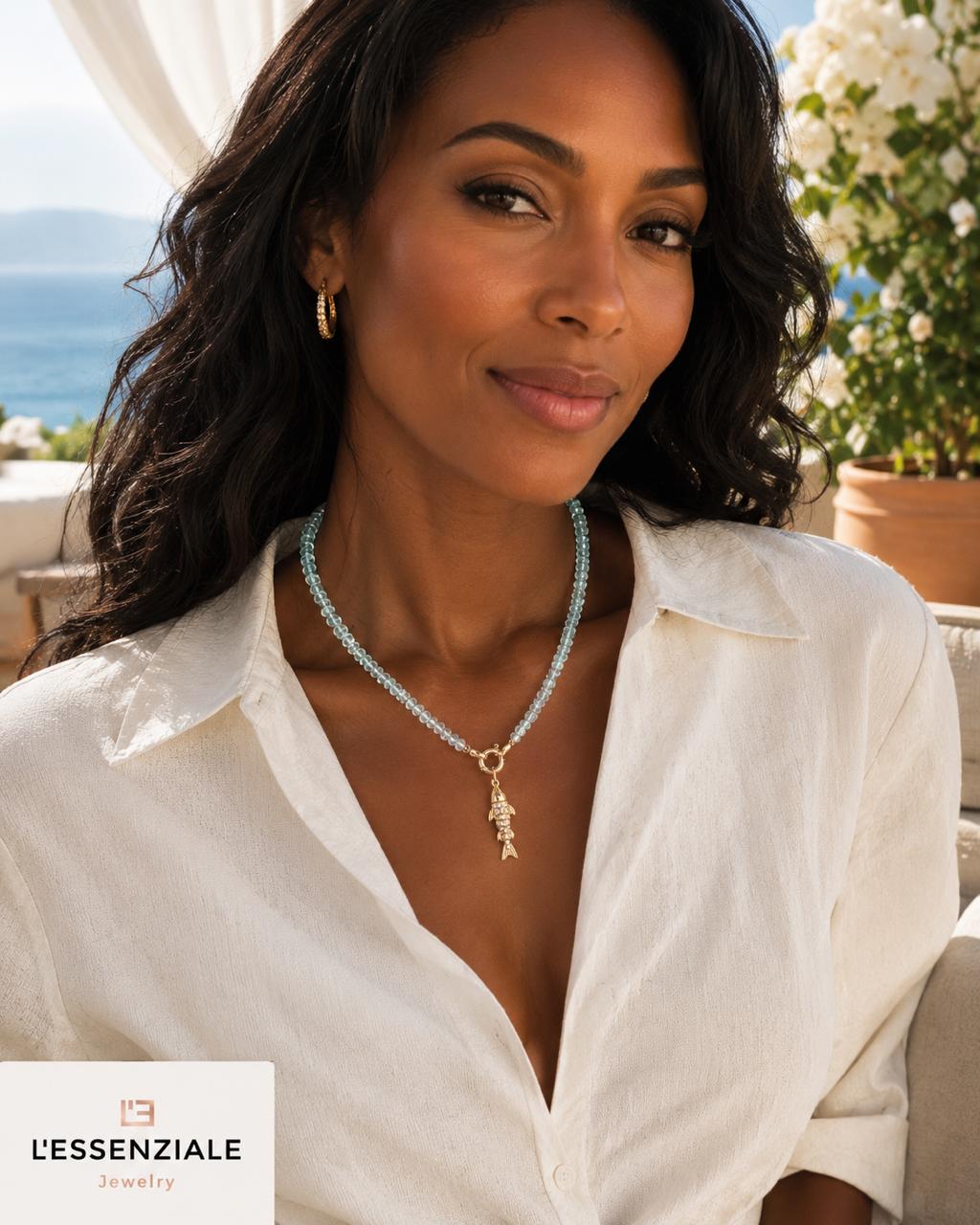 Aquamarine Beaded Necklace with Gold-Plated Silver Fish Charm