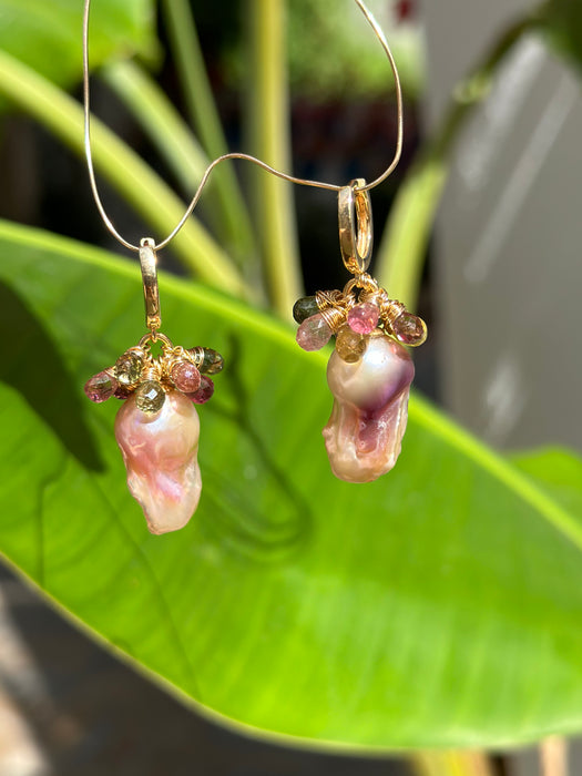 Purple Baroque Pearl with Cascade of Tourmalines Earrings