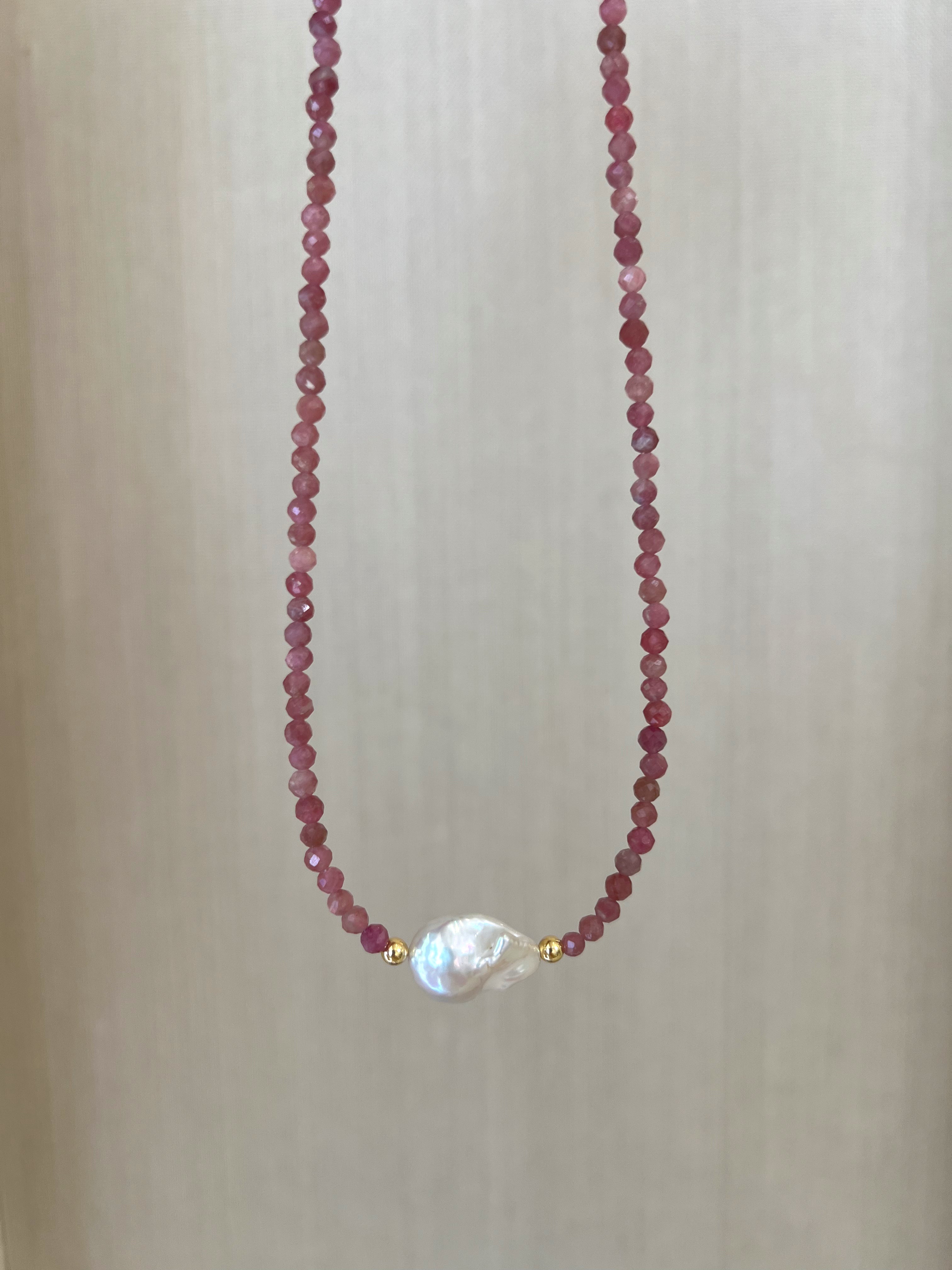 Pink Tourmaline And Baroque Pearl Necklace, October Birthstone Necklace