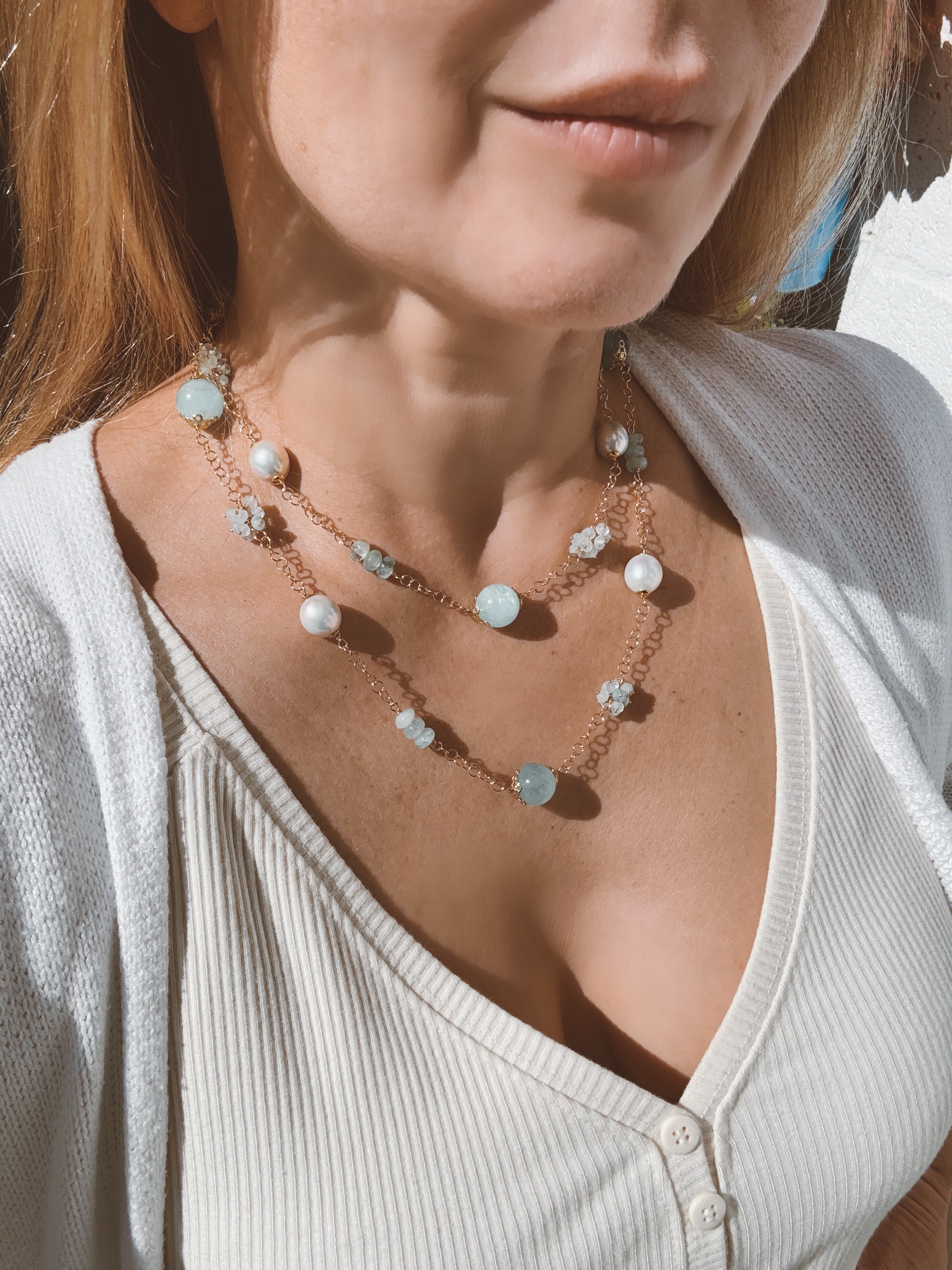 Aquamarine & Freshwater Pearl Long Necklace “Capri”