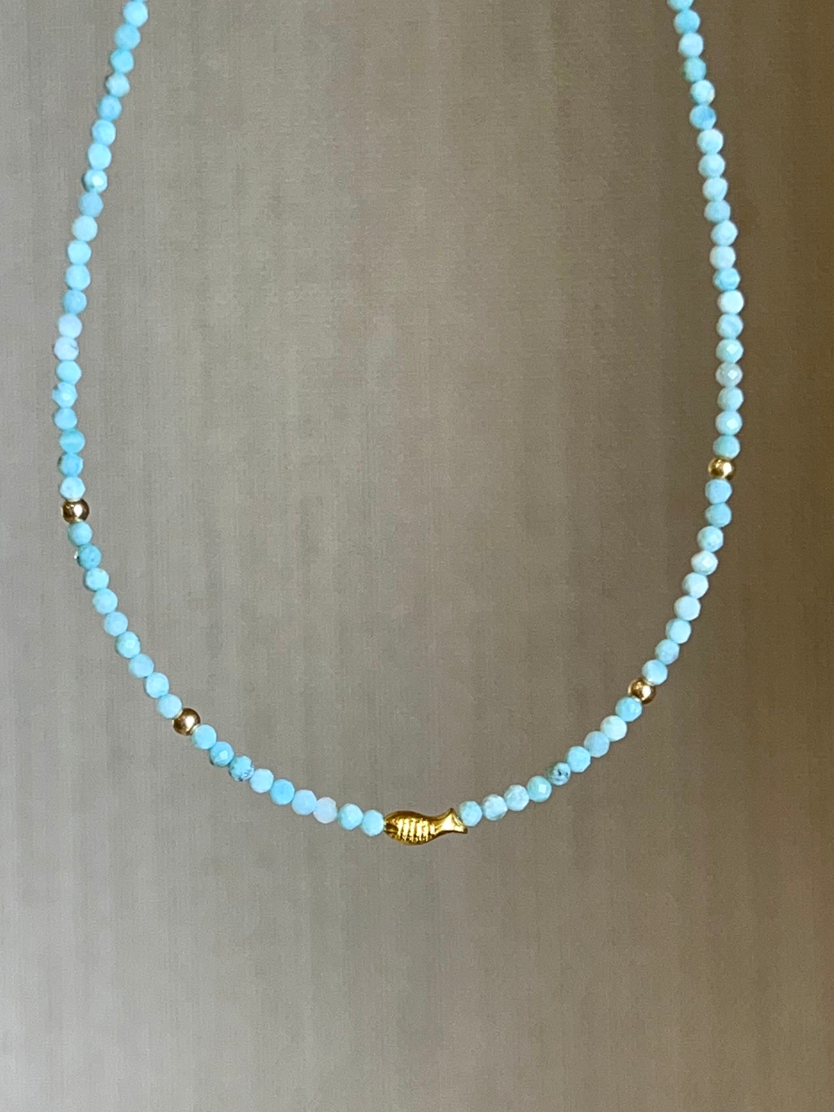 Larimar Beaded Necklace in Solid Gold