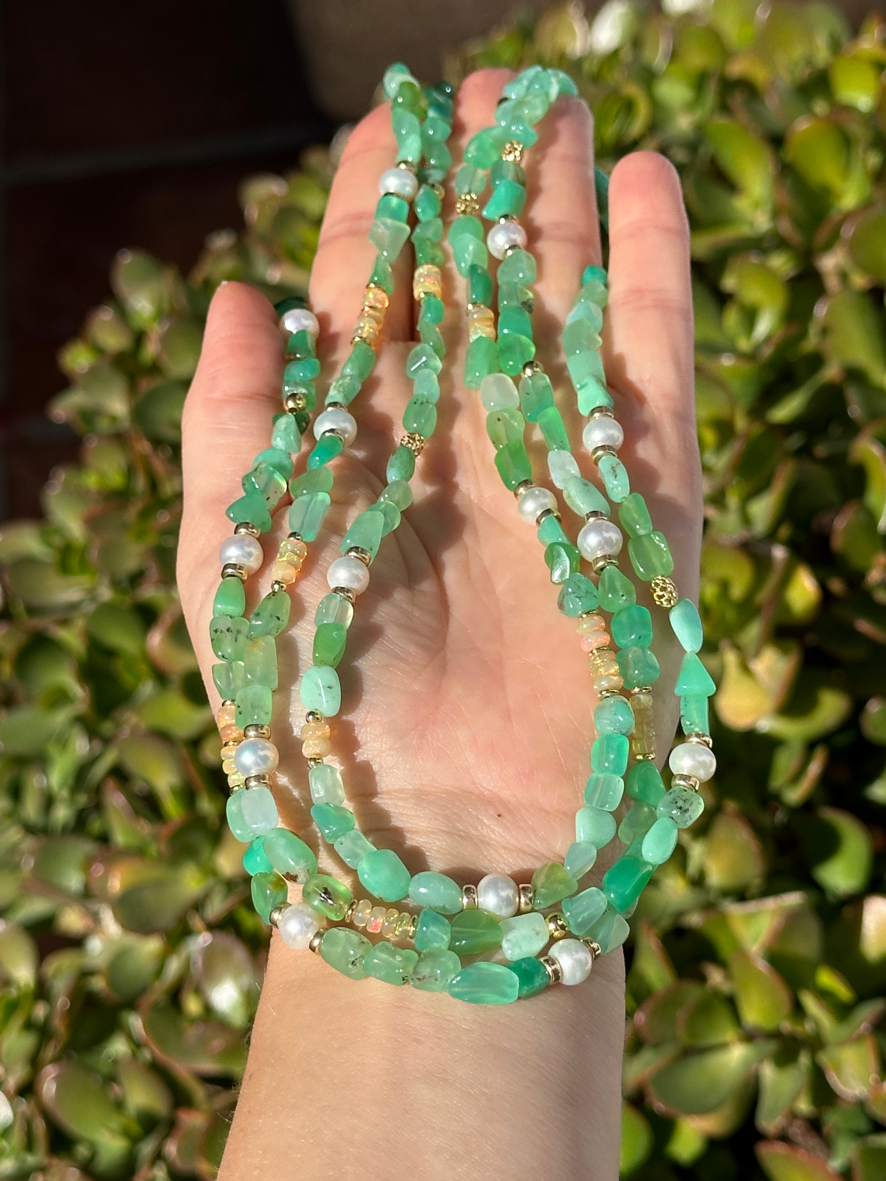 Chrysoprase, Ethiopian opal and Freshwater Pearl Layered Necklace
