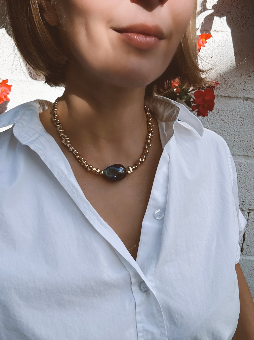 Hematite And Black Baroque Pearl Necklace