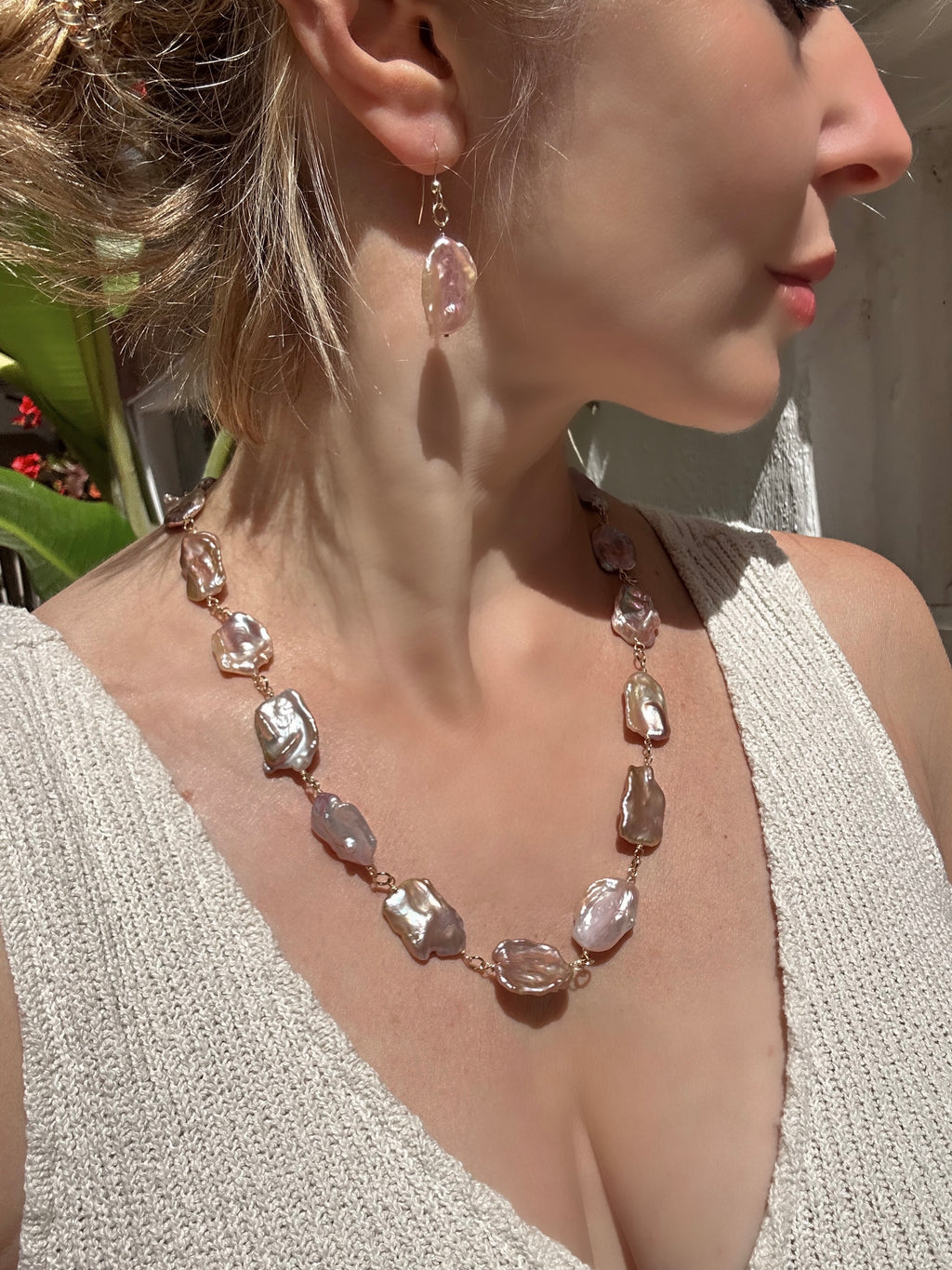 Large Purple Keshi Pearl Necklace and Earrings Set